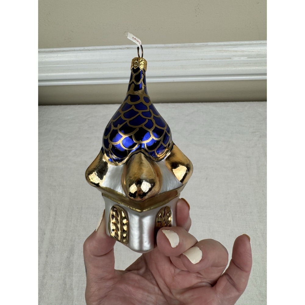 Vintage Poland Glass Christmas Ornament Russian Cathedral Blue Gold Dome 5.5"